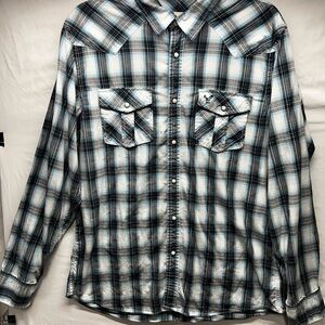 American Eagle Vintage Fit Mens Blue Plaid Long Sleeve Pearl Snap Shirt Size L